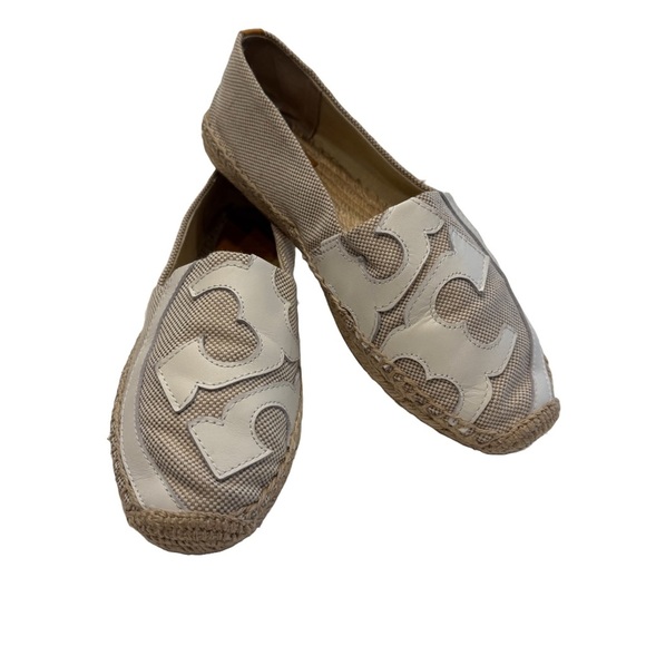 Tory Burch White/beige Canvas Lonnie Espadrille Flats, Women's Size 8.5 - Picture 1 of 12